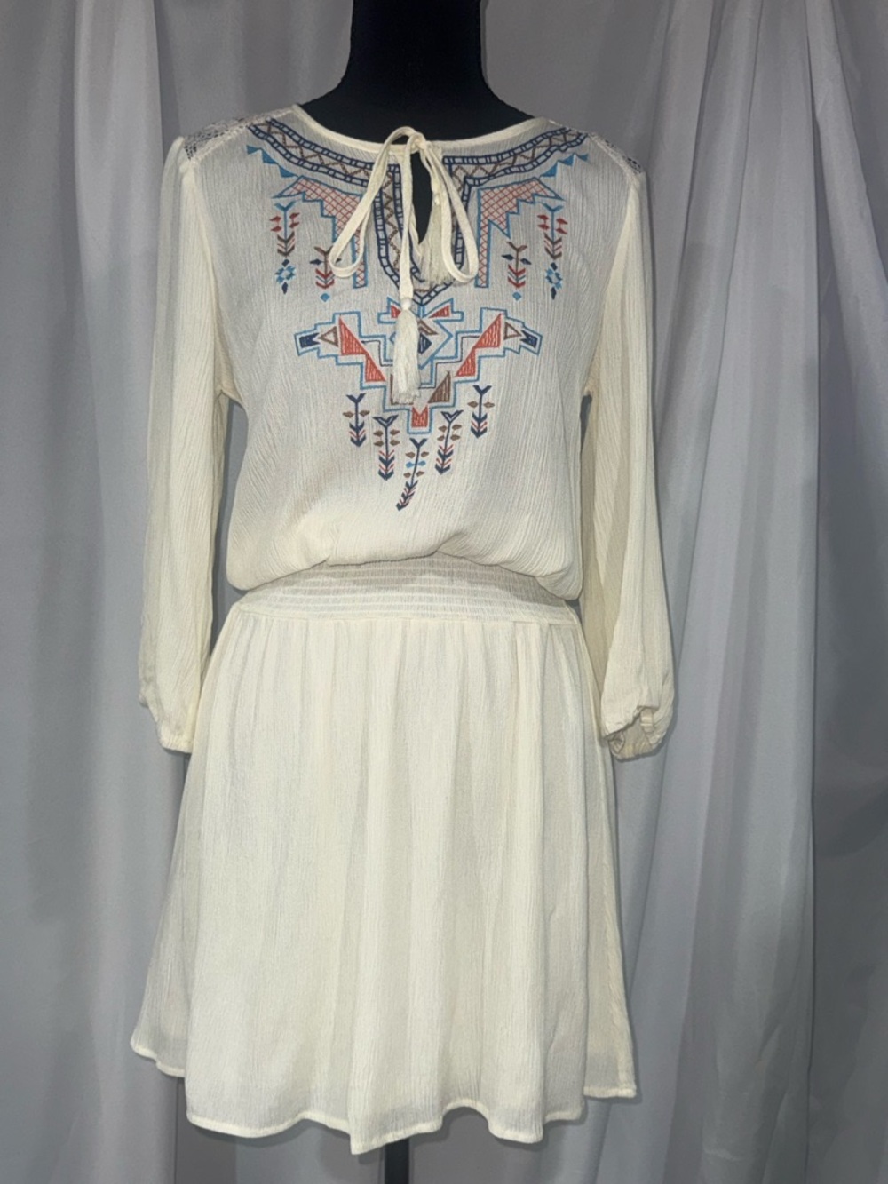 Flying Tomato Cream Long Sleeve Embroidered Boho Dress